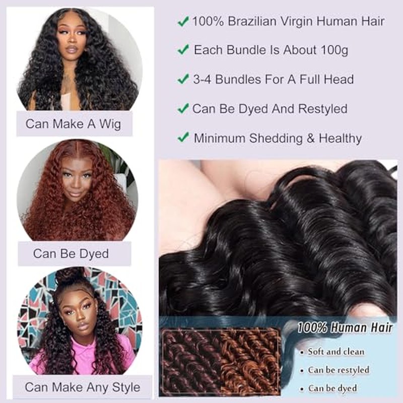 Deep Wave Bundles with Closure 16 18 20+14 Inch 4x4 HD Lace Closure, 13A Human Hair Bundles, Wet and Wavy 100% Brazilian Virgin Deep Curly 3 Bundles Human Hair Quick Weave Bundle for Women