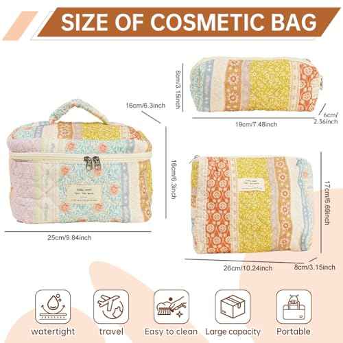 Generic Quilted Makeup Bag Set, Cute Cotton Floral Cosmetic Bags, 3 in 1 Set, Travel Toiletry Organizer