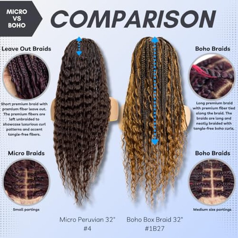 PIB Single Full Lace Braid Wig ? Micro Boho Peruvian Deep Wave Box Braided Wig, Knotless Braided Wigs for Black Women, Curly Hair Wig (#4 Medium Dark Brown, 32" Small-Medium)