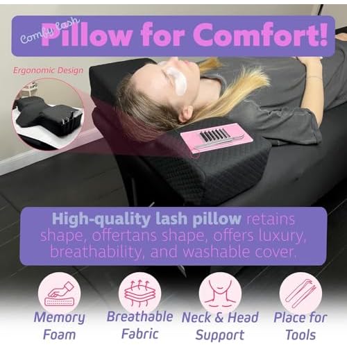Lash Pillow for Eyelash Extensions - Curved Memory Foam Bed Pillow, Ergonomic Head Rest with Neck Support, Side Pockets for Tools, Fits Lash Beds for Tech ? Black