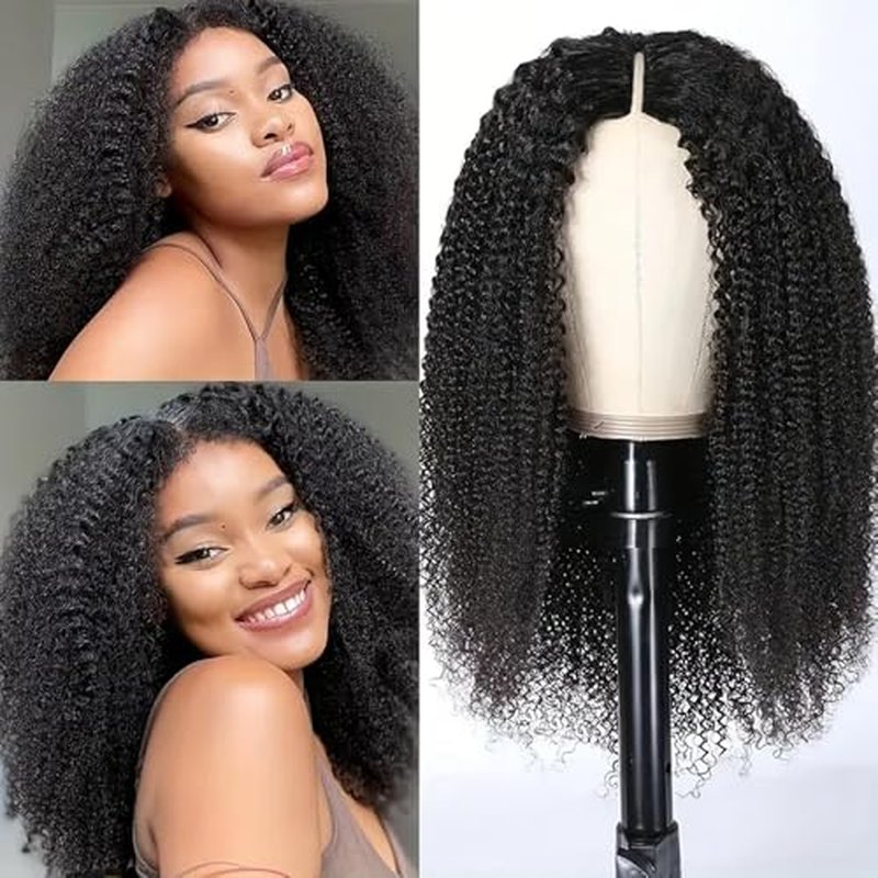 Afro Kinky Curly V Part Wig Human Hair Brazilian Virgin Glueless Wig Human Hair for Black Women Upgrade U Part Wigs Kinky Curly Wigs No Leave Out 200% Density Natural Color 18 Inch