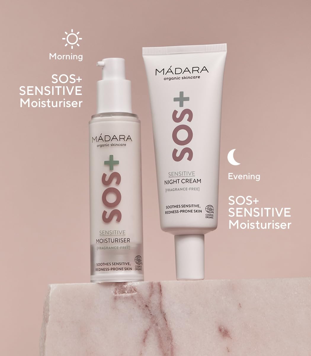 Madara Organic Skincare | SOS+ Sensitive Night Cream - Calming Moisture for Redness-Prone Skin, Fragrance-Free