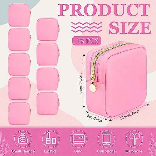Giesiery Bulk 16 Pcs Preppy Makeup Bags Pink Nylon DIY Craft Zipper Pouch for Bridal/Proposal Gifts, Travel Toiletry Organizer