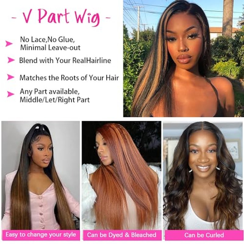 Highlight Ombre V Part Wigs Human Hair Straight Brazilian Virgin Human Hair Wigs Balayage Blonde Upgrade U Part Wigs 180% Density Glueless Full Head Clip In Half Wig 18inch #FB30