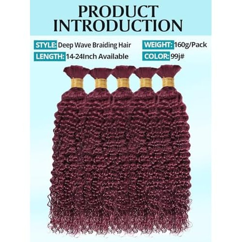 160g 5 Bundles/Pack Human Braiding Hair for Boho Braids Curly Boho Hair for Braiding Knotless 12A Deep Wave Bulk Bohemian Color 99J 22 Inch Burgundy