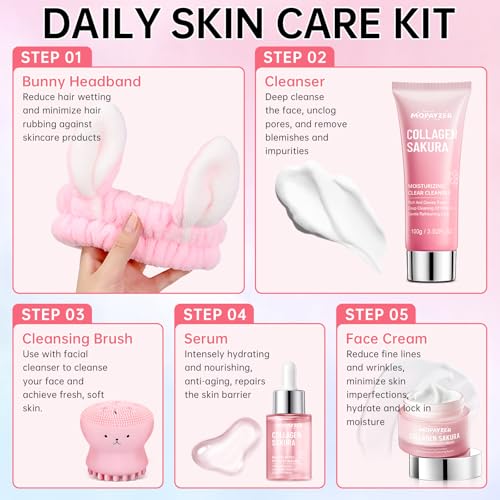 Sakura Skin Care Set for Teen Girls, Skincare Gift Set for Teens 10-12, Hydrating & Soothing, 5 Pcs Collagen Skincare Routine Kit for Women with Cleanser, Serum, Cream, Bunny Headband, Cleansing Brush