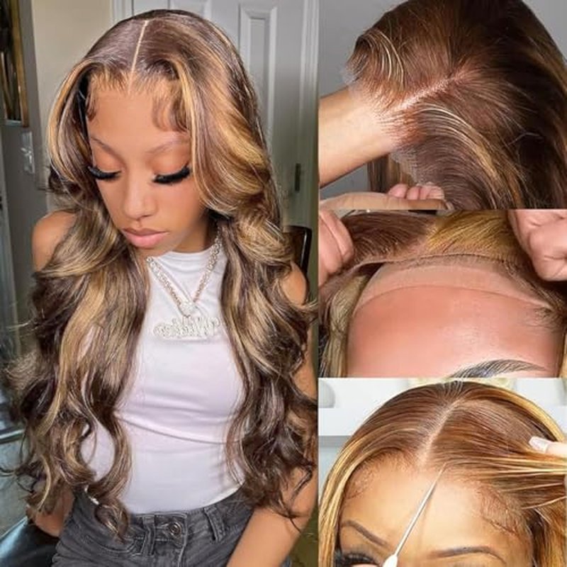 26 Inch 5x5 HD Lace Closure Wigs Human Hair Body Wave Wear and Go Glueless Wigs Pre Plucked Pre Cut P4/27 Honey Blonde Highlight Ombre Lace Front Wig Human Hair Wig 180% Density