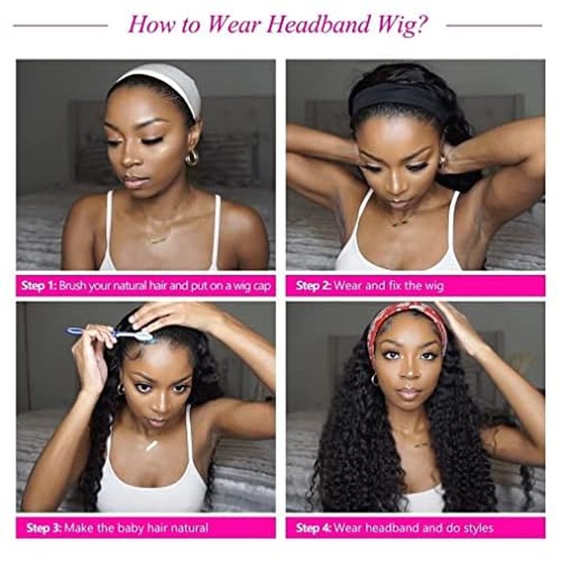 Deep Wave Headband Wig Human Hair 24 Inch Curly Headband Wigs for Black Women Human Hair Glueless None Lace Front Wig Brazilian Virgin Hair Wear and Go Wigs 150% Density Natural Black Color