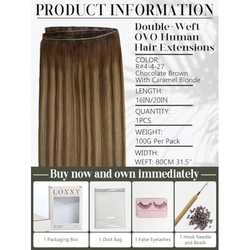 LOXXY Double Weft PU OVO Hair Extensions - 16 Inch 100g Seamless Balayage Chocolate Brown to Caramel Blonde - Invisible Butterfly Real Human Hair Extensions, 1PCS Micro Beads Genius Weft Width 31.5"