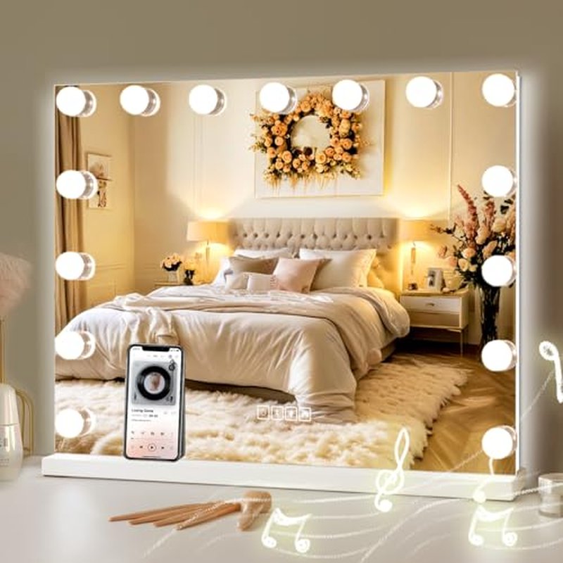 COOLJEEN Vanity Mirror with Lights and Bluetooth, 23x18 Inch 15 Bulbs Front and RGB Backlit Makeup Mirror with Dimmable 3 Color, Tempered Glass, Detachable 10X Magnification, Tabletop & Wall-Mounted