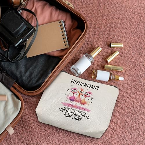 Funny Pink Flamingo Makeup Bag, Flamingo Gifts for Women, Pink Flamingo Gifts, Shenanigans Because Life is More Fun When You Up to Something Cosmetic Bags Toiletry Bag