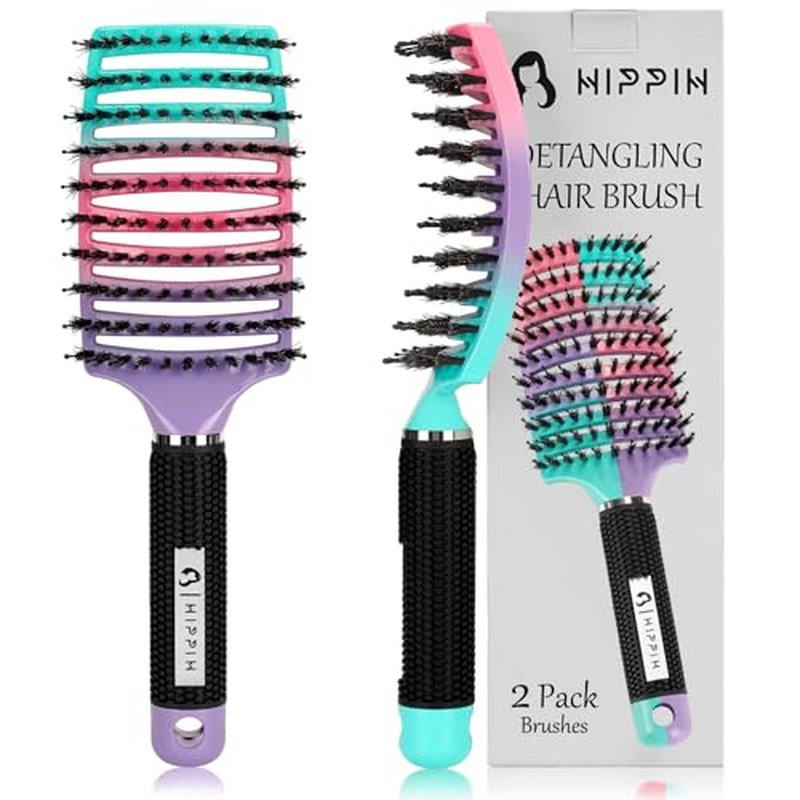 Hair Brushes for Women 2 Pack, HIPPIH Detangler Hair brush for Adult & Kids¡¯ Wet or Dry Hair, Boar Bristle Hair Brush Getting Knots Out without Pain Adds Shine and Makes Hair Smooth