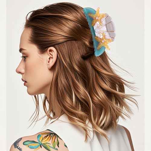 BVGA Sea Animal Hair Claw Clips Marine Life Starfish Seashell Pearl Crystal Claw Clips Cute Large Claw Hair Clips Beach Stylish Hair Accessories Gifts for Women Girls (Shell Starfish Blue)