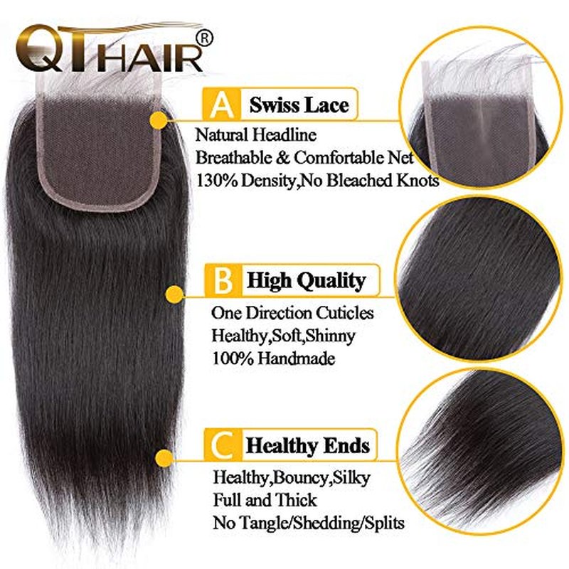 QTHAIR 16A Brazilian Virgin Straight Human Hair with Lace Closure (14/16/18+12 Inch, Natural Black) 100% Unprocessed Straight Brazilian Virgin Hair Weave with 4x4 Swiss Lace Closure