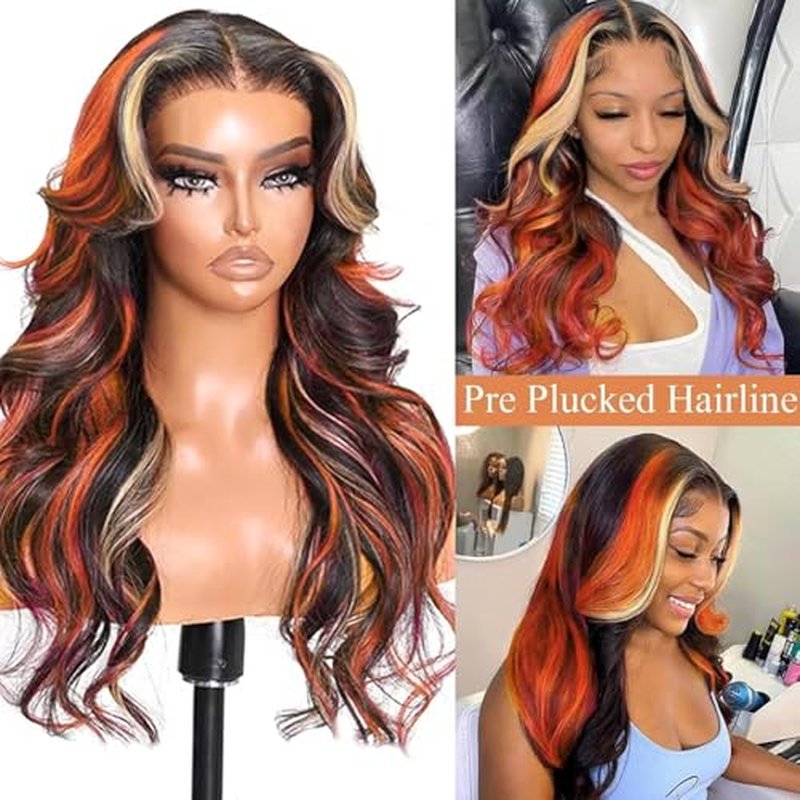 Black Ginger Blonde Highlight Wig Human Hair 13x4 Transparent Lace Front Skunk Stripe Wig Body Wave Glueless Pre Plucked Bleached Knots Lace Frontal Wig Black Honey Blonde Ginger Highlight Wig 20 Inch