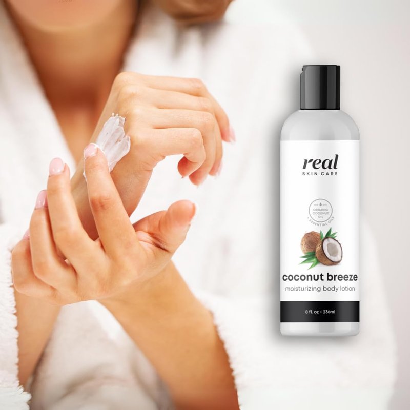 Real Skin Care Organic Body Lotion 8oz - Lightweight & Non-Greasy, Coconut Oil & Jojoba - Moisturizer for Dry & Sensitive Skin, Reduce Fine Lines and Wrinkles - Paraben Free Natural Body Lotion