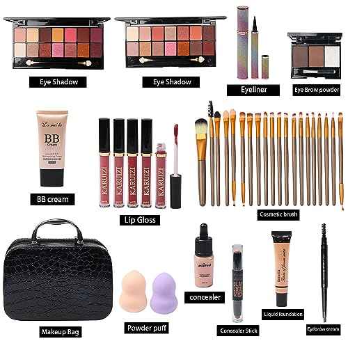 All in One Makeup Kit - 2X14 Eyeshadow Palette, Liquid Foundation, Eyeliner Pencils, Contouring Stick, Lip Gloss, 20Pcs Makeup Brushes (Black)