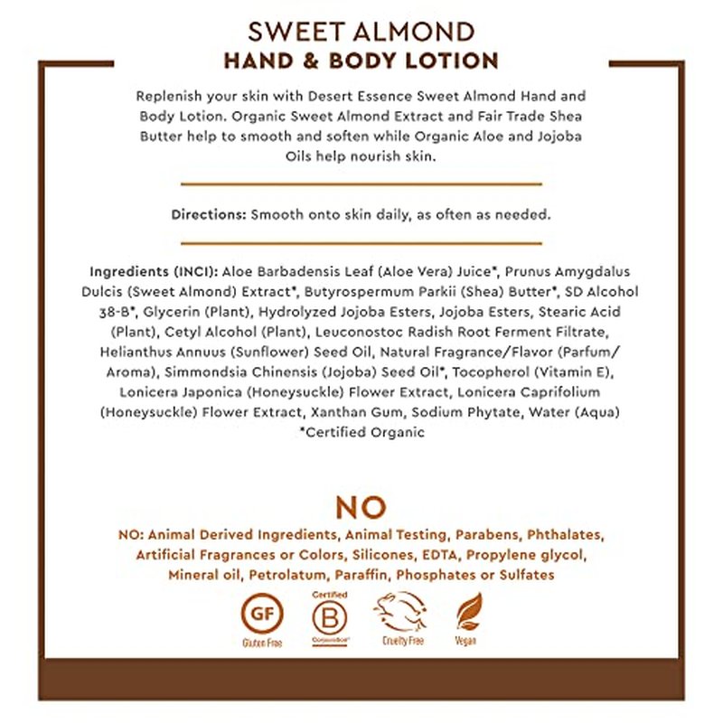 Desert Essence Hand and Body Lotion, Sweet Almond, 8 oz