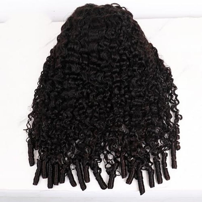 V Part Wig Human Hair for Women Burmese Spiral Curly Glueless Clip-In Wig 200% Density No Leave Out No Gel No Lace V Shape Clip Beginner Ready to Go Wig Natural Black Color 16 Inch
