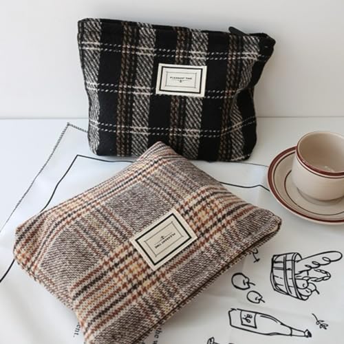 Travel Checkered Makeup Bag, Corduroy Cosmetic Bag for Purse, Small Cosmetic Zipper Pouch Cute Travel Checkered Makeup Bag Gift for Women,Girls (england brown)