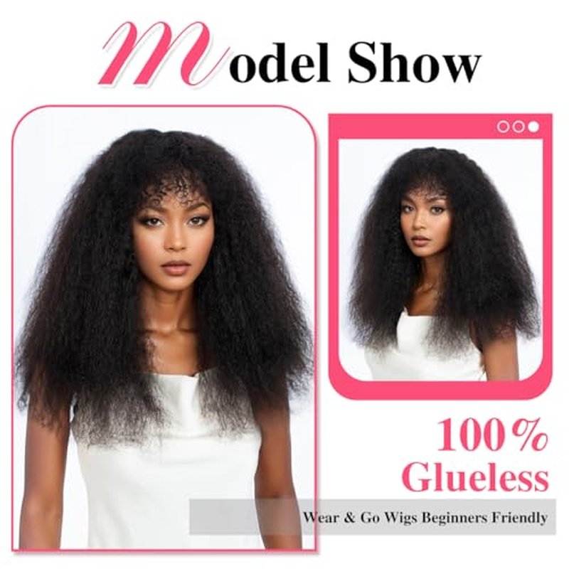 Rebecca Fashion Afro Kinky Curly Wig with Bangs Human Hair Glueless Minimalist 2.5x1 Lace Scalp Wig for Women Glueless Wear and Go Wigs Natural Color