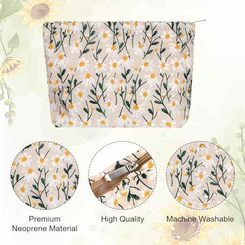 Cosmetic Bags Embroidery Daisy Flower Makeup Bag Large Travel Canvas Make Up Organizer Tool Pouch Cute Floral Cosmetic Bag Portable Purse Zipper Storage Toiletry Essential Pouch for Women Girls Gifts