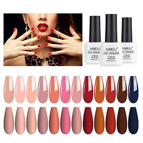 AIMEILI Soak Off U V LED Hema Free Fall Gel Nail Polish Set for Halloween Nail Art Gifts, Cruelty Free, Vegan, Wine Brown Neutral Gel Nail Polish Set Of 12pcs - Kit Set 4