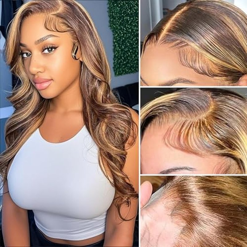 P4/27 Brown Highlight Body Wave Human Hair 3 Bundle with 4x4 Lace Closure,12A Grade Brazilian Remy Hair Ombre Bundles with Free Part 12 14 16+12inch