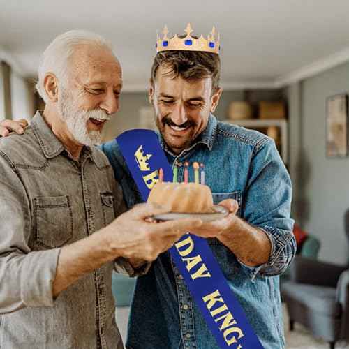 CURASA Birthday King Crowns for Men Gold Birthday Crown for Men Royal Blue Birthday King Sash and Crown Birthday Sash for Men Birthday Decoration Hair Accessories for Mens Party Prom