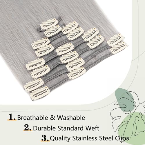 Clip in Hair Extensions Human Hair S-noilite Gray Human Hair Short Hair Clip in Extensions Full Head 8 Pieces/18 Clips 100% Real Human Hair Silky Straight 10"-70g Light Gray (#G1)