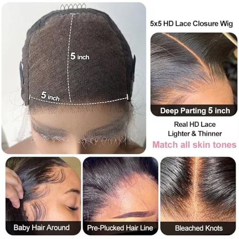 5X5 SKINLIKE Real HD Human Hair Short Bob Wigs Pre Plukced 0.10mm Ultra-thin Invisible Swiss HD Lace Closure Straight Bob Wigs Single Knot Undetectable Melted Lace Closure Wigs 150% Density 8"