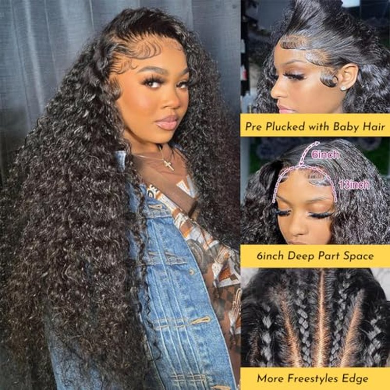 28 Inch 13x6 Deep Wave Lace Front Wigs Human Hair Deep Wave Frontal Wig 13x6 HD Lace Front Wigs Human Hair Pre Plucked 200 Density Glueless Virgin Deep Wave Wig for Women Natural Color