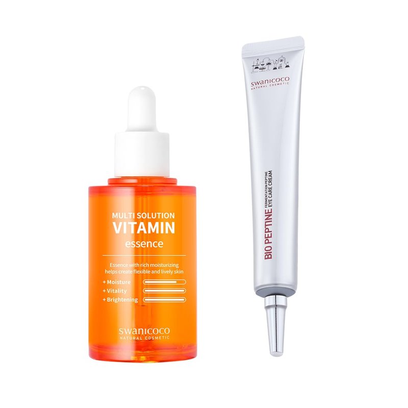Swanicoco Pregnancy Safe Skincare Brightening Duo - Vitamin Essence & Peptide Eye Care for Even Skin Tone | Dark Circles Relief