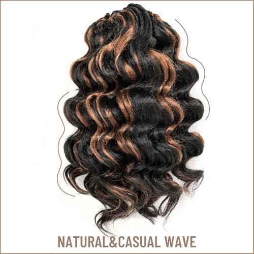 ToyoTress Ocean Wave Crochet Hair - 9 Inch 8 Packs Black Mix Brown Highlight Short Curly Hair Ocean Wave Braiding Hair, Synthetic Hair Extensions (9 Inch, P1B/30-8P)