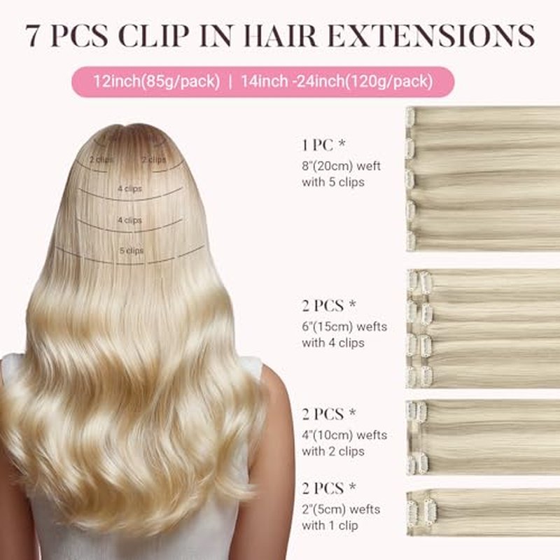 MAXITA Clip in Hair Extensions Real Human Hair, 18 Inch 7 pcs Ash Blonde Highlighted Platinum Blonde 80g, Extensions Clip ins for Woman