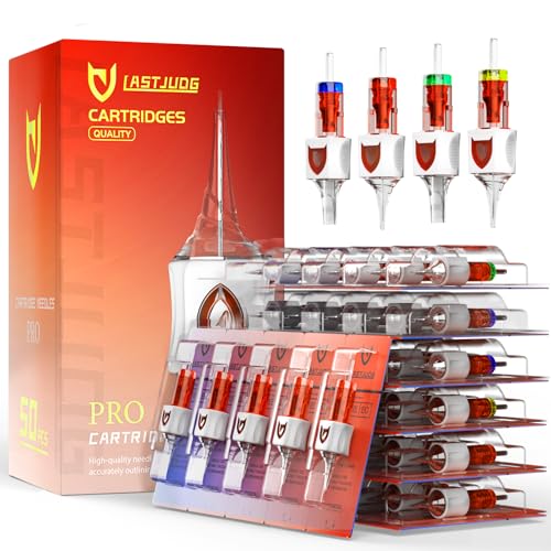50PCS Finger Ledge Tattoo Cartridge Needles Assorted Mixed Size #10 Bugpin Round Liner Shader Magnum - 3RL 5RL 7RL 9RL 5RS 9RS 7RM 9RM 11RM 7M1 with Membrane Pro Disposable Tattoo Needles