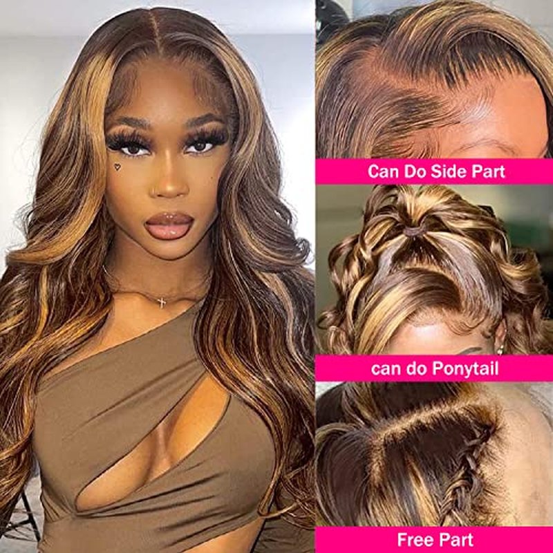 Aicrelery 4/27 Highlight 13x6 Lace Front Wigs Human Hair 13x6 Honey Blonde HD Lace Front Wig Pre Plucked with Baby Hair 180% Density Highlight Ombre Body Wave Lace Frontal Wig for Women 18 Inch