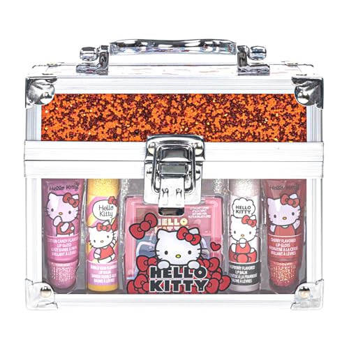 Hello Kitty Beauty Mini Train Case Set Includes Lip Gloss Tube, Lip Balm, Lip Gloss Compact for Girls,for Parties, Sleepovers, Ages 3+ by Townley Girl