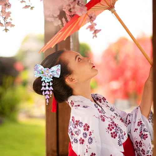 1pcs Japanese Style Hair Clips, Bowknot Tassel Hair Accessories Flower Kimono Traditional Hairpins Barrette Cherry Blossom Hair Clamp Bride Hanfu Accessory for Womens (Blue)