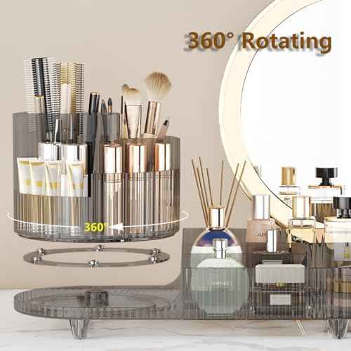 360¡Æ Rotating Makeup Organizer for Vanity - Large Capacity Cosmetic Display Case Countertop Cosmetic Storage Holder with Makeup Brush Holders £¨Gray£©