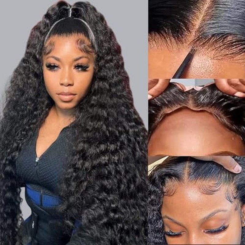 Wear and Go Glueless Wigs Human Hair Pre Plucked Pre Cut 5x5 HD Closure Wigs Human Hair Deep Wave Lace Front Wigs for Black Women 210% Dentisy 12A Deep Curly Glueless Wig Bleached Knots (22 Inch)