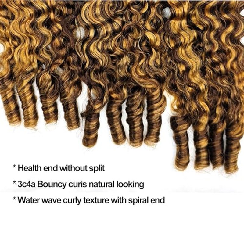 Burmese Curly Bundles Human Hair Water Wave Honey Blonde Ombre Curly Human Hair Bundles Weave with Spiral End 16 18 20 Inches 3c4a Quick Weave Hair Bundles for Women 4/27 3Pcs