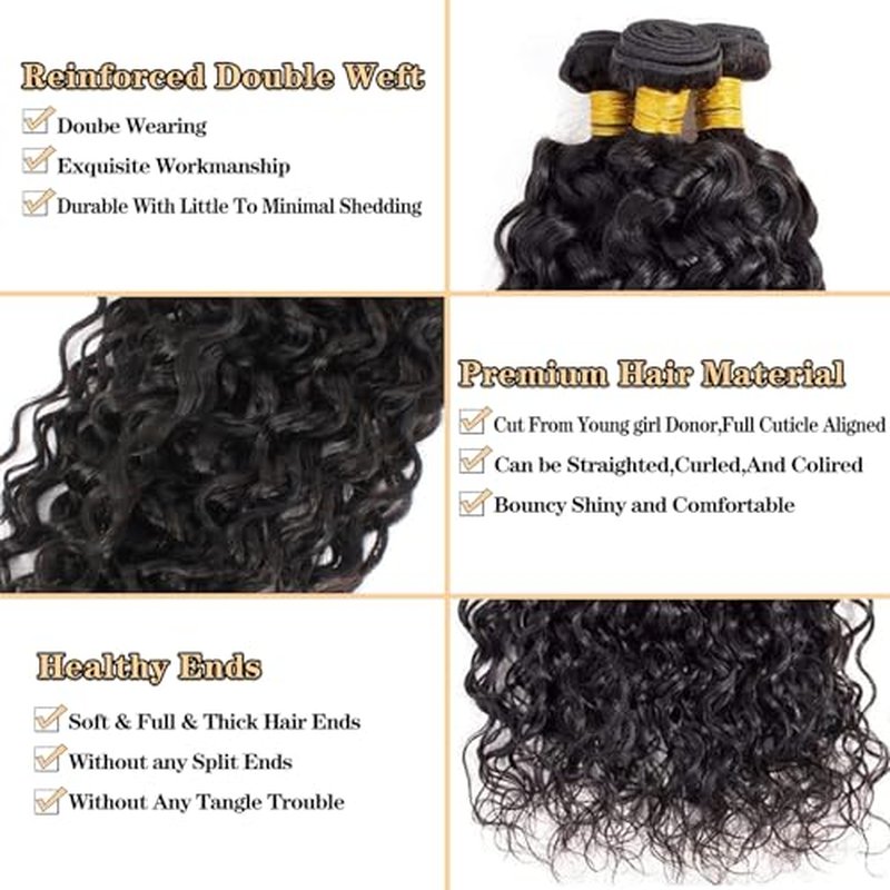 12A Water Wave Bundles with Closure Human Hair (12 14 16+10") 100% Unprocessed Virgin Brazilian Human Hair Wave 3 Bundles with 4¡¿4 Lace Closure Natural Color