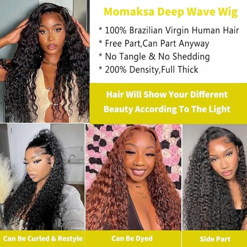 Deep Wave Lace Front Wigs Human Hair 200% Density 13x6 HD Lace Frontal Wigs Human Hair 22 Inch Deep Wave Wig Pre Plucked Curly Wigs Natural Hairline