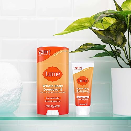 Lume Whole Body Deodorant - Invisible Cream Tube Mini + Solid Stick Bundle - 72 Hour Odor Control - Aluminum & Baking Soda Free, Skin Loving (Clean Tangerine)