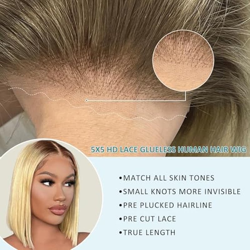 5X5 Wear And Go Blonde Wig Human Hair 2.0-613 Upgraded Brown Roots 200% Density Ombre 2 Tone Blonde Wig For Women UHD Pre-Cut Lace Bob Wigs No Mix Fiber Brazilian Virgin Hair 10 Inch