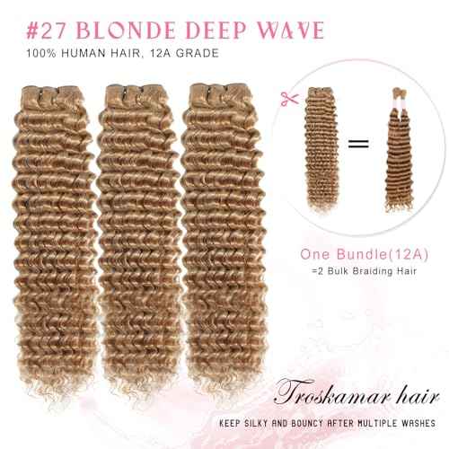Honey Blonde Deep Wave Bundles Human Hair Color #27 Blonde Curly Bundle for Black Women 18 Inch Double Weft Colored Wet and Wavy Human Hair Bundle