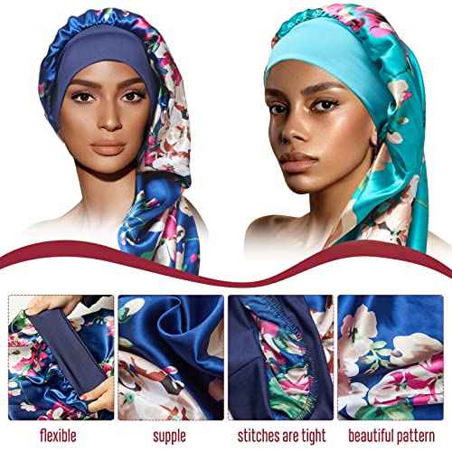 4PCS Long Satin Bonnet Sleep Cap,Black Extra Large Silk Bonnet for Natural Hair, Bonnets for Women Night Sleep,Wide Elastic Band, Very Soft & Comfortable (Black,3 Floral Patterns)