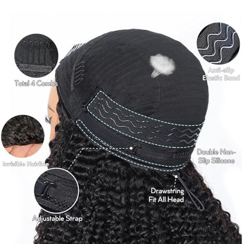 Kinky Curly Half Wig Human Hair Wear Go Glueless Wigs 18 Inch Curly 3 In 1 Half Wigs for Black Women Drawstring Seamless Flip Headband Wig Human Hair Beginner Friendly