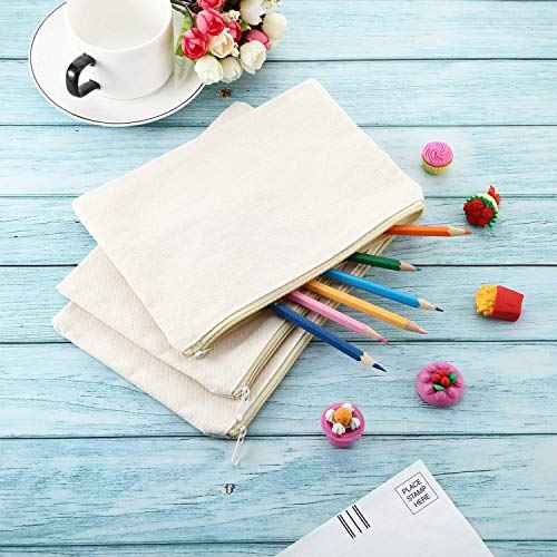 meekoo 16 Pack Canvas Blank Cosmetics Bags Plain Zipper Makeup Pouch Sublimation DIY Craft Multipurpose Toiletry Bag for Makeup Travel Cosmetic Stationary Storage(M,Beige)